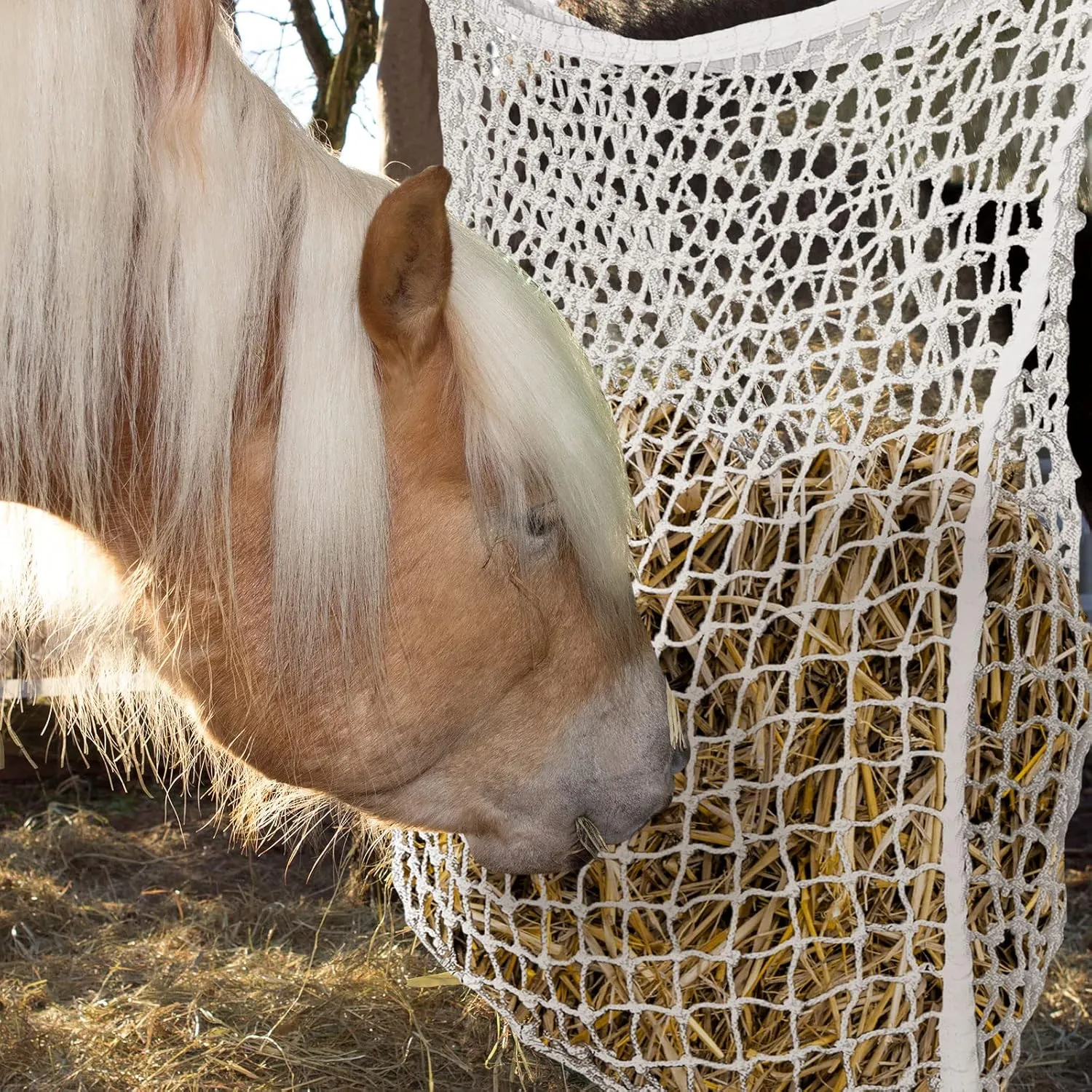 Fabbay 2 Pcs Slow Feed Hay Net Hay Feeder Bags for Horses Goat Stall Trailer Horse Feeding Supplies(63 x 40 Inch,White)