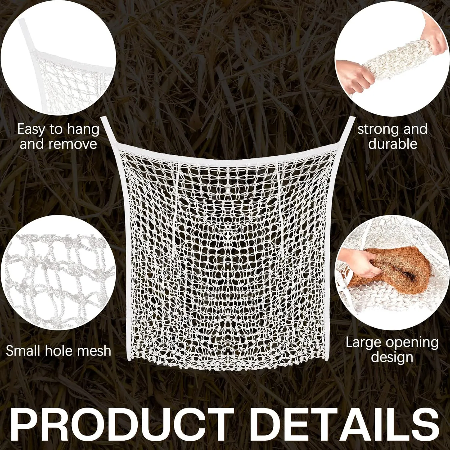 Fabbay 2 Pcs Slow Feed Hay Net Hay Feeder Bags for Horses Goat Stall Trailer Horse Feeding Supplies(63 x 40 Inch,White)