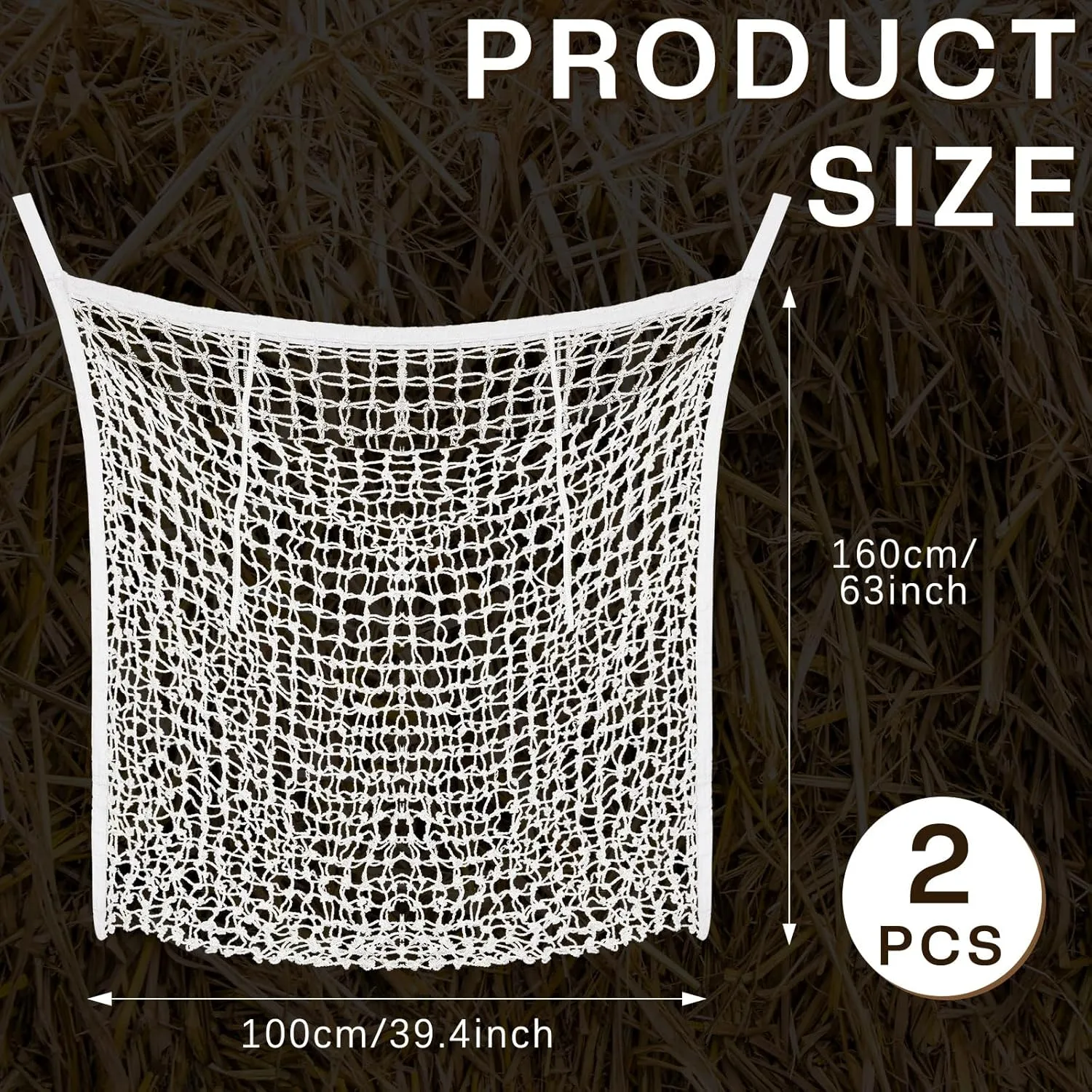 Fabbay 2 Pcs Slow Feed Hay Net Hay Feeder Bags for Horses Goat Stall Trailer Horse Feeding Supplies(63 x 40 Inch,White)