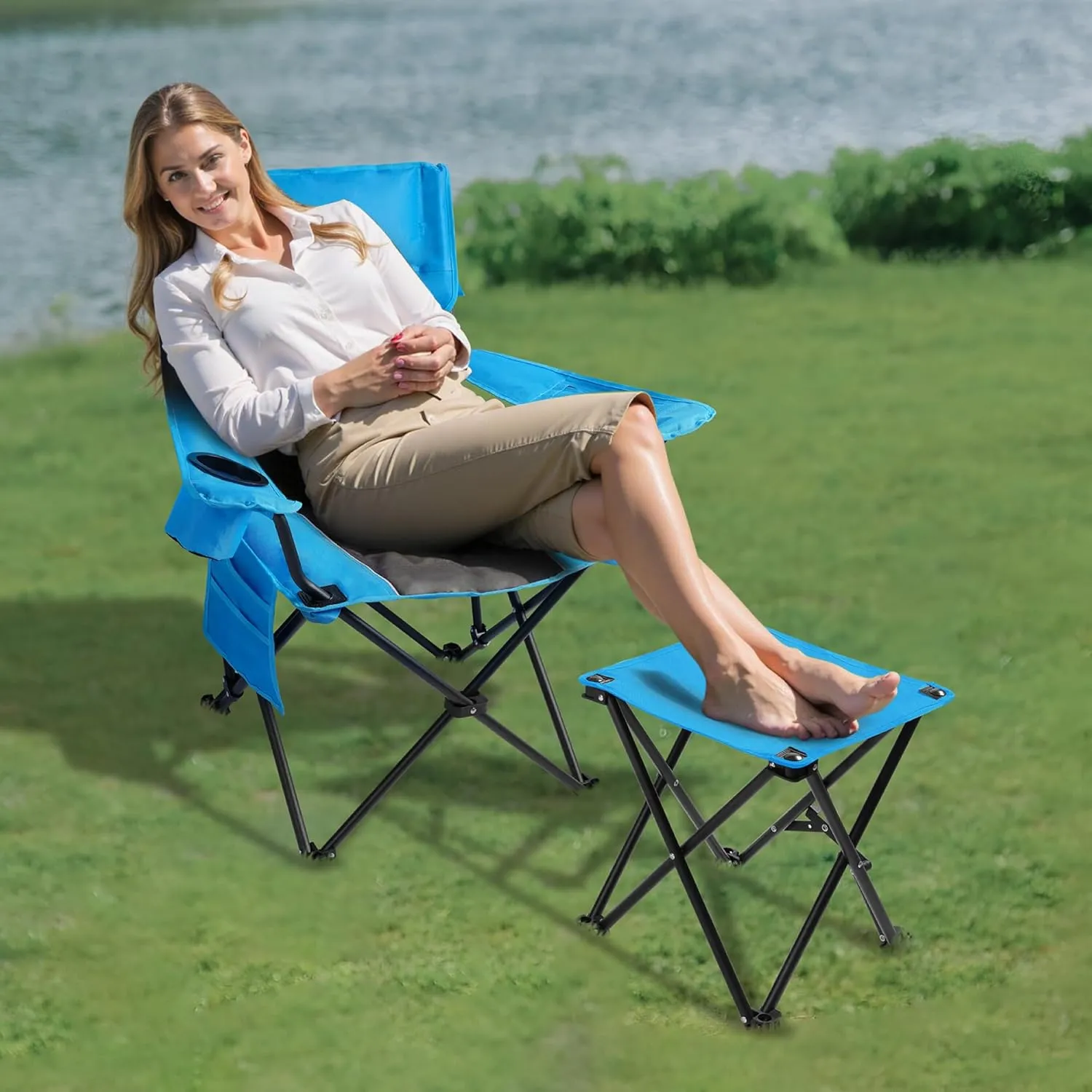 FAIR WIND Oversized Padded Camping Chair with Footrest Stool Set Heavy Duty Support 300 LBS Cooler Bag Chair - Black