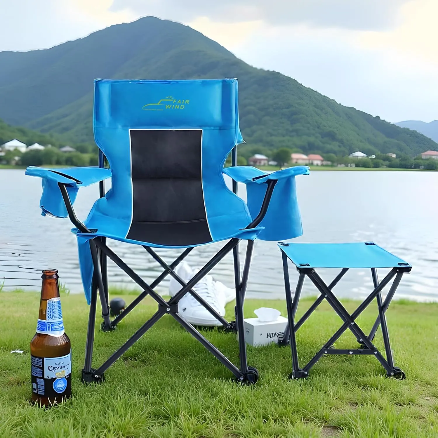 FAIR WIND Oversized Padded Camping Chair with Footrest Stool Set Heavy Duty Support 300 LBS Cooler Bag Chair - Black