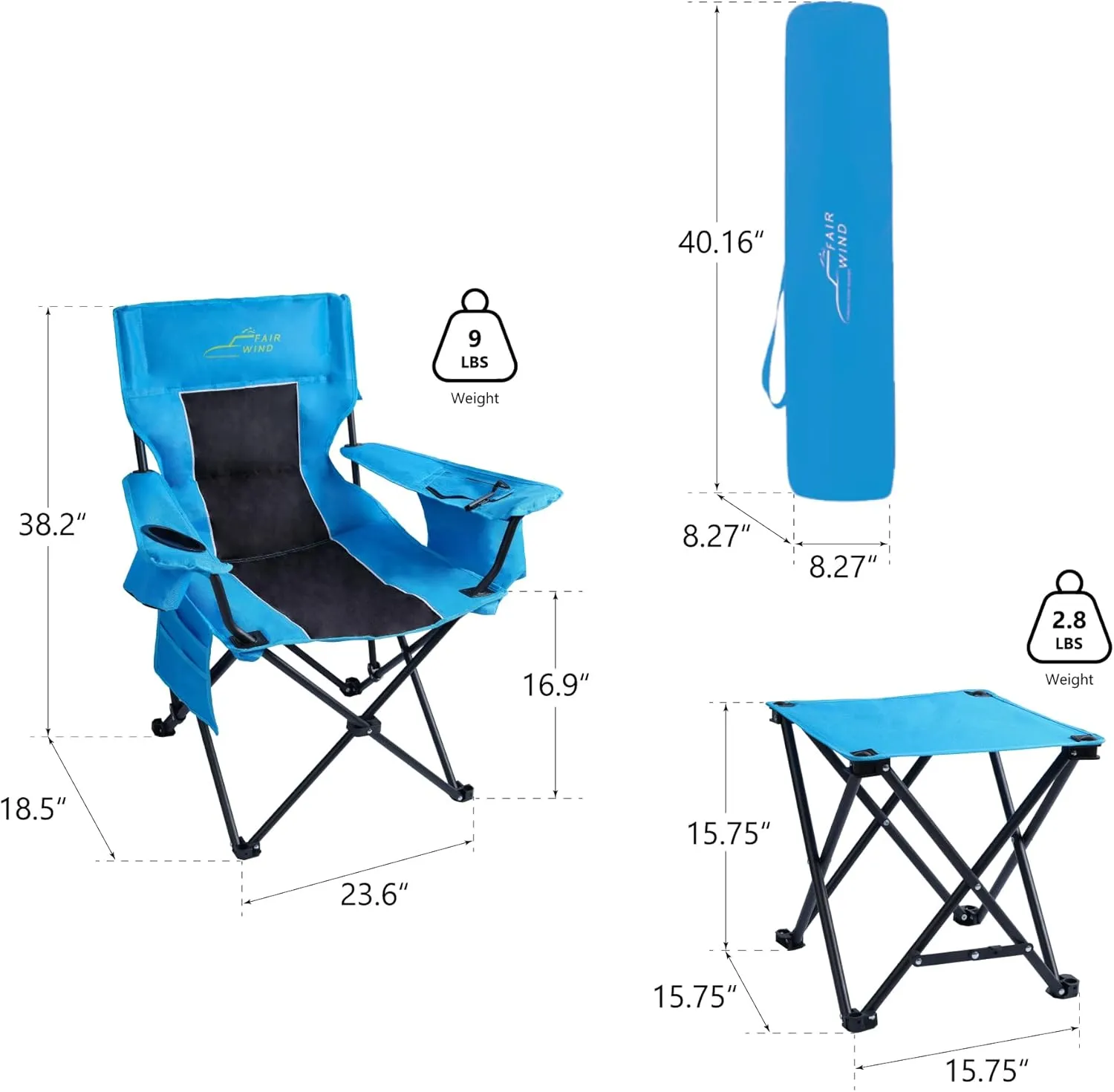 FAIR WIND Oversized Padded Camping Chair with Footrest Stool Set Heavy Duty Support 300 LBS Cooler Bag Chair - Black