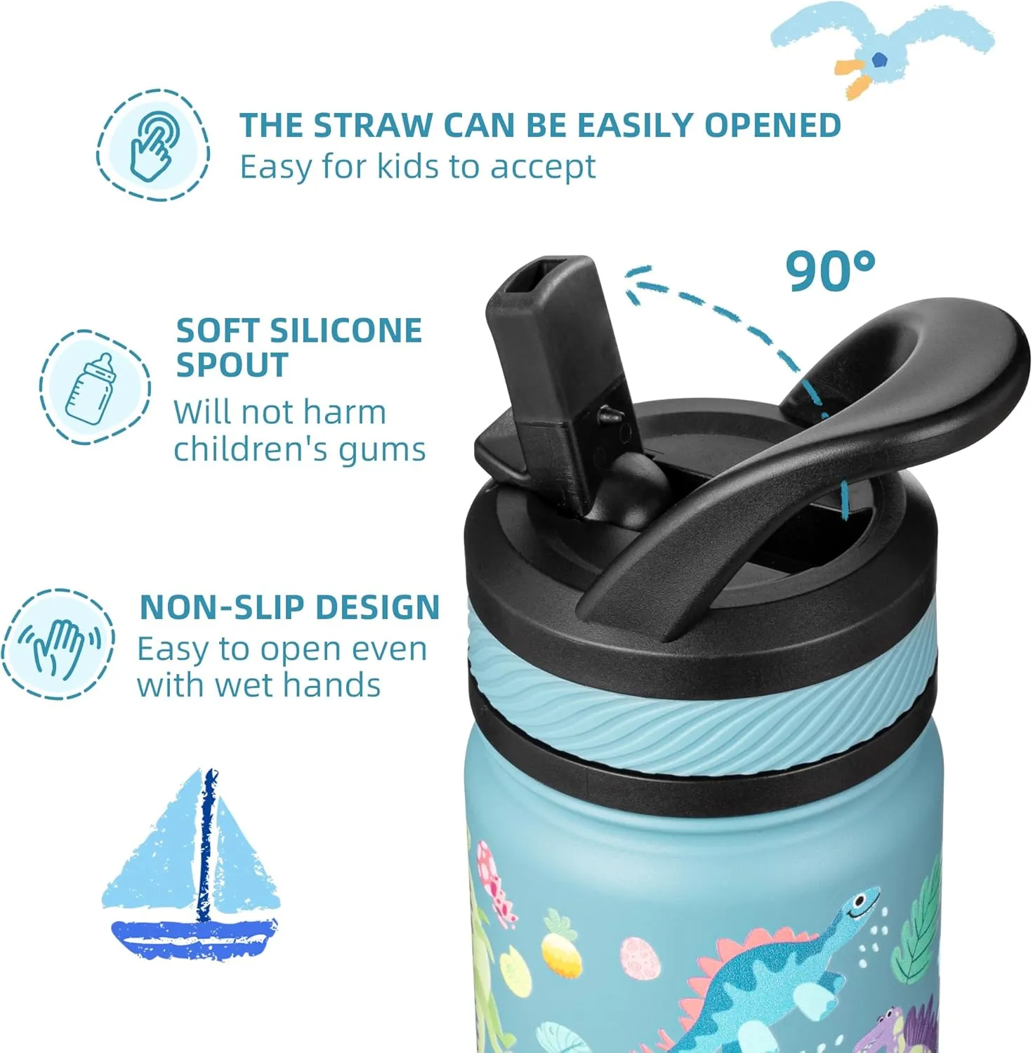 Fanhaw 14 Oz Kids Insulated Water Bottle with Straw - Stainless Steel Double Wall Vacuum Cup, Leakproof, BPA Free, Suitable for Boys and Girls(Cyan - Dinasours World)