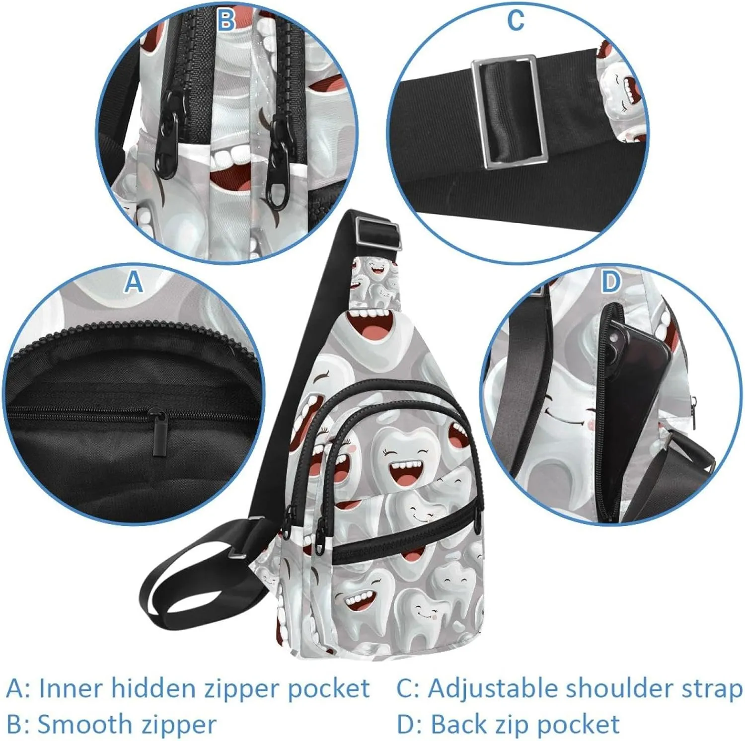 Fanny Pack Cross Body Bag for Outdoors Hiking Traveling, Cartoon Teeth (1)