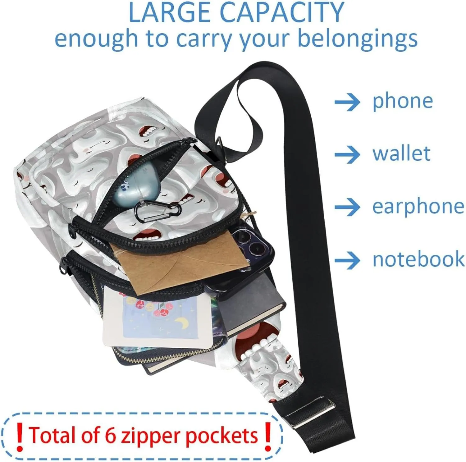 Fanny Pack Cross Body Bag for Outdoors Hiking Traveling, Cartoon Teeth (1)