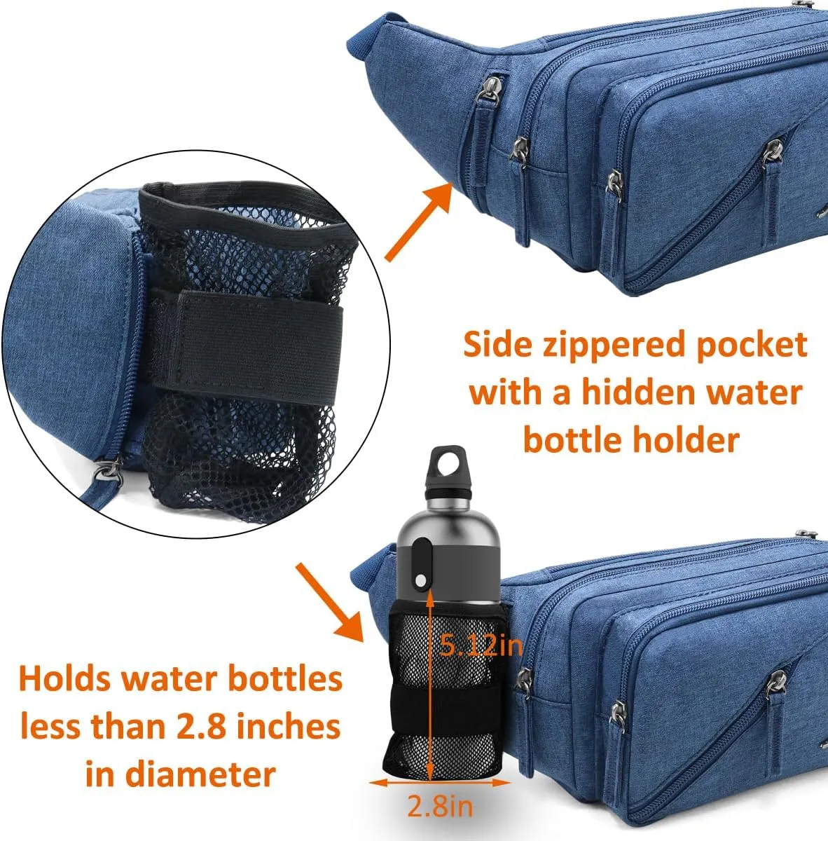 Fanny Pack for Men Women Waist Bag with Water Bottle Holder Waterproof Crossbody Belt Bag with Adjustable Strap for Travel Hiking Running Outdoor Sports (Sapphire Blue)