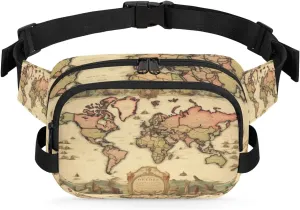 Fanny Pack for Women Men, Vintage World Map Waist Pack Bag Education Map Waterproof Belt Bag with Adjustable Strap Casual Hip Bum Bag Crossbody Bags for Running Trave Hiking Cycling Workout