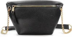 Fanny Pack for Women Vegan Leather Cross body Chain Belt Purse Chest Bag Bum Hip Waist Pack for Travel Outdoor Hiking (Black)
