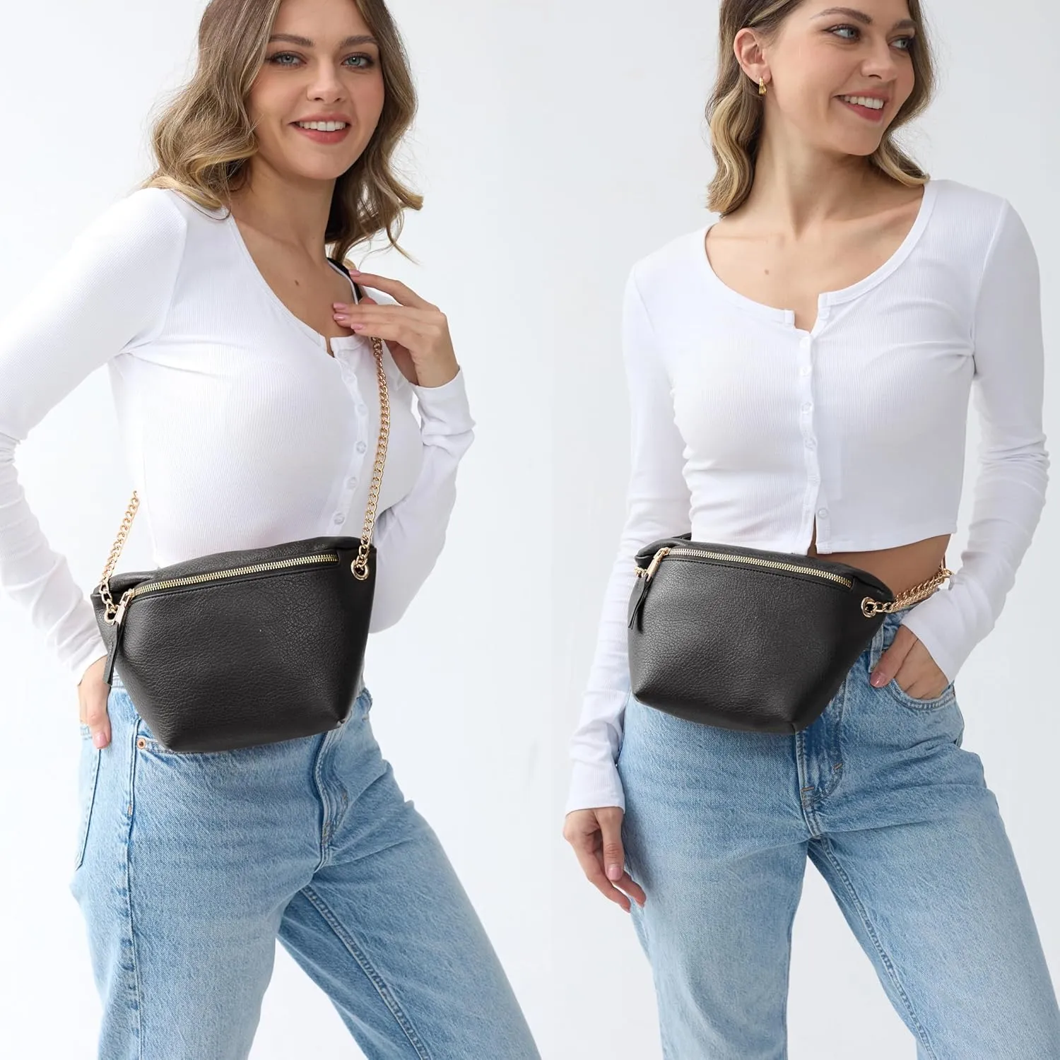 Fanny Pack for Women Vegan Leather Cross body Chain Belt Purse Chest Bag Bum Hip Waist Pack for Travel Outdoor Hiking (Black)
