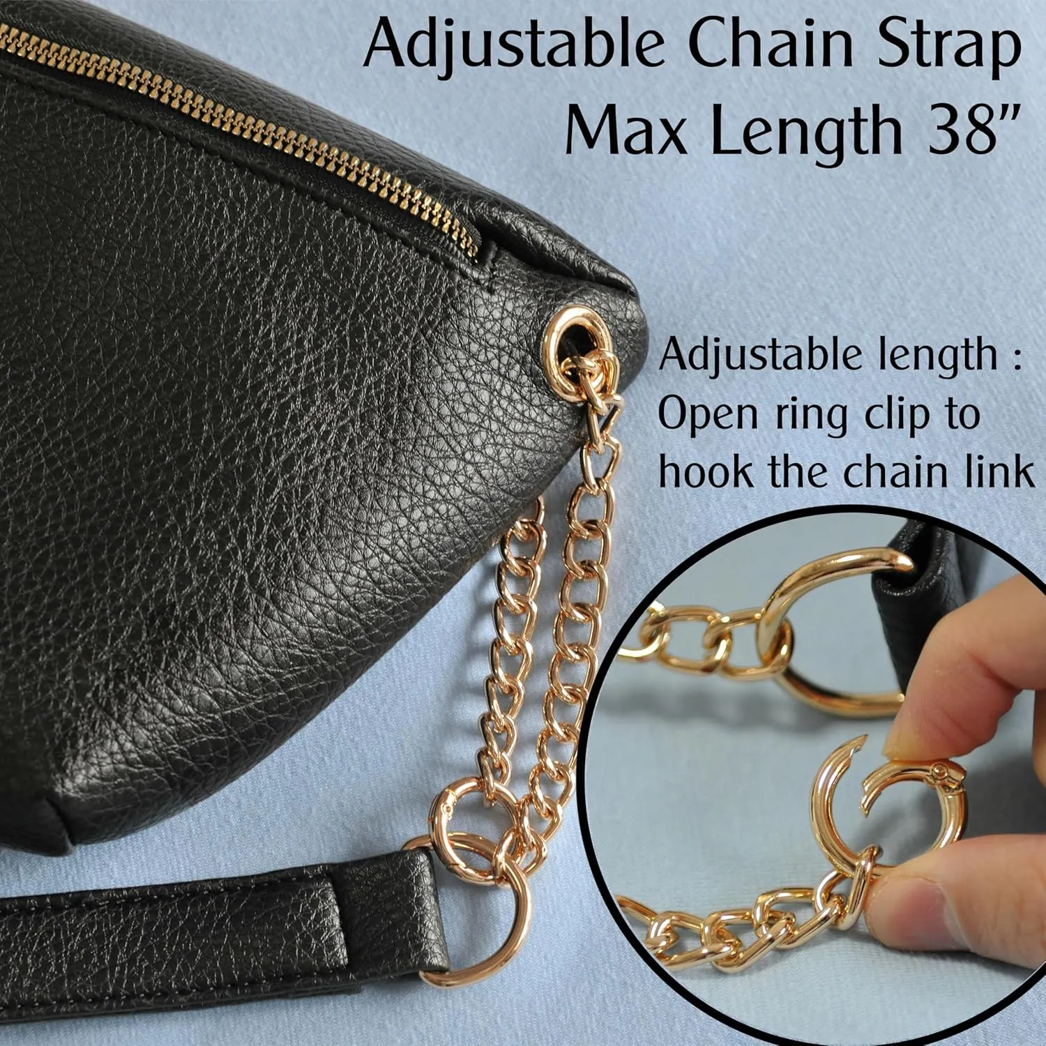 Fanny Pack for Women Vegan Leather Cross body Chain Belt Purse Chest Bag Bum Hip Waist Pack for Travel Outdoor Hiking (Black)