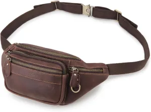 Fanny Pack Genuine Leather Waist Bag for Men Women Loyofun Vintage Hip Bum Bag with 6 Zippered Pockets for Outdoor Traveling Hiking Running (Dark Brown)