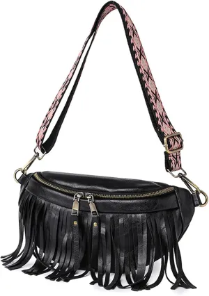 Fanny Packs for Women Fringe Leather Chest Waist Bag Casual Crossbody Bag with Zipper Pockets Travel Festival Sports Hiking Running (Beige)
