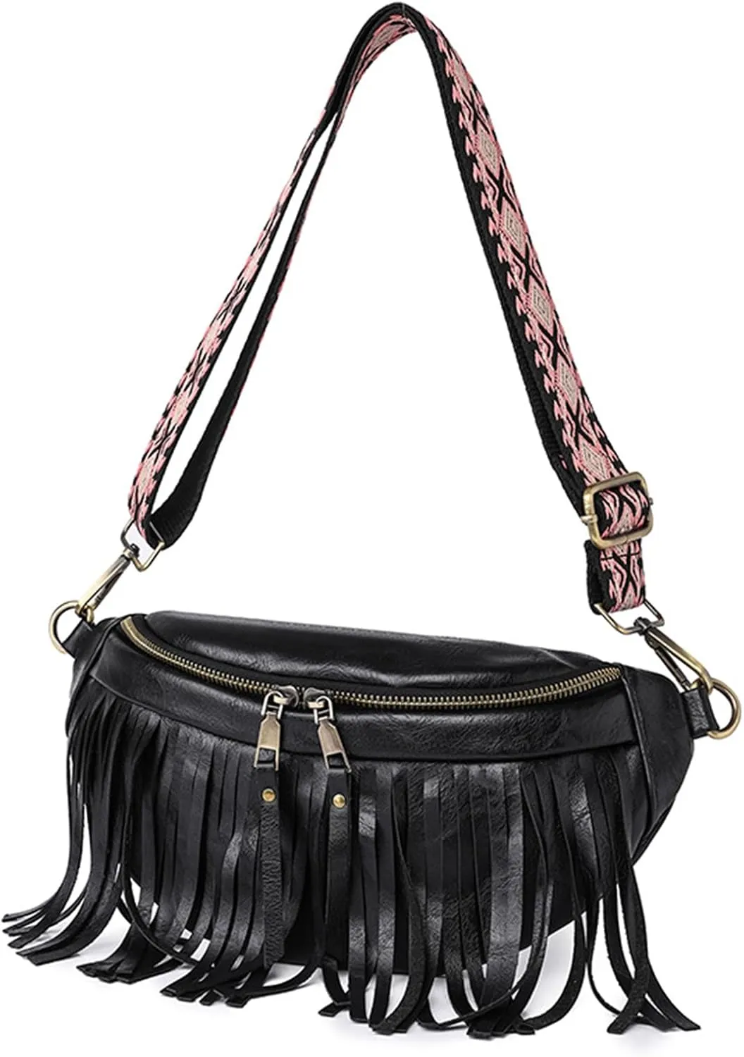 Fanny Packs for Women Fringe Leather Chest Waist Bag Casual Crossbody Bag with Zipper Pockets Travel Festival Sports Hiking Running (Beige)
