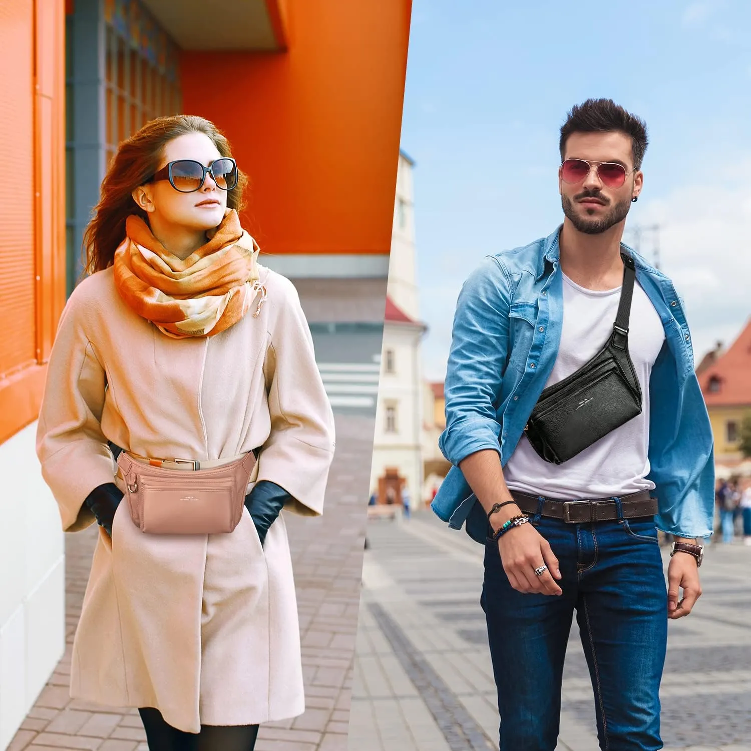 Fanny Packs for Women Leather Fashionable Black Fanny Pack for Men Girls Boys, Cute Waist Pack Belt Bag with Adjustable Strap, Casual Bum Hip Bags for Travel Running Disney Hiking Cycling Brown Pink