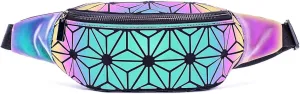 Fanny Packs for Women Men, Luminous Holographic Chest Bag Geometric Waist Pack for Travel, Festival, Running, Sports