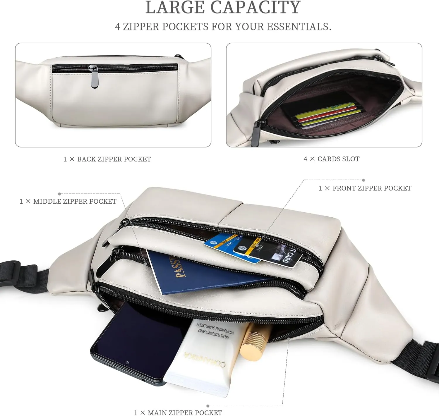 Fanny Packs for Women Plus Size, PU Leather Fanny Pack Running Belt Bag for Women with Card Slots, Black Waist Bags Crossbody Waist Pack Hip Bum Bag for Travel Workout Hiking Disney Beige Brown Green
