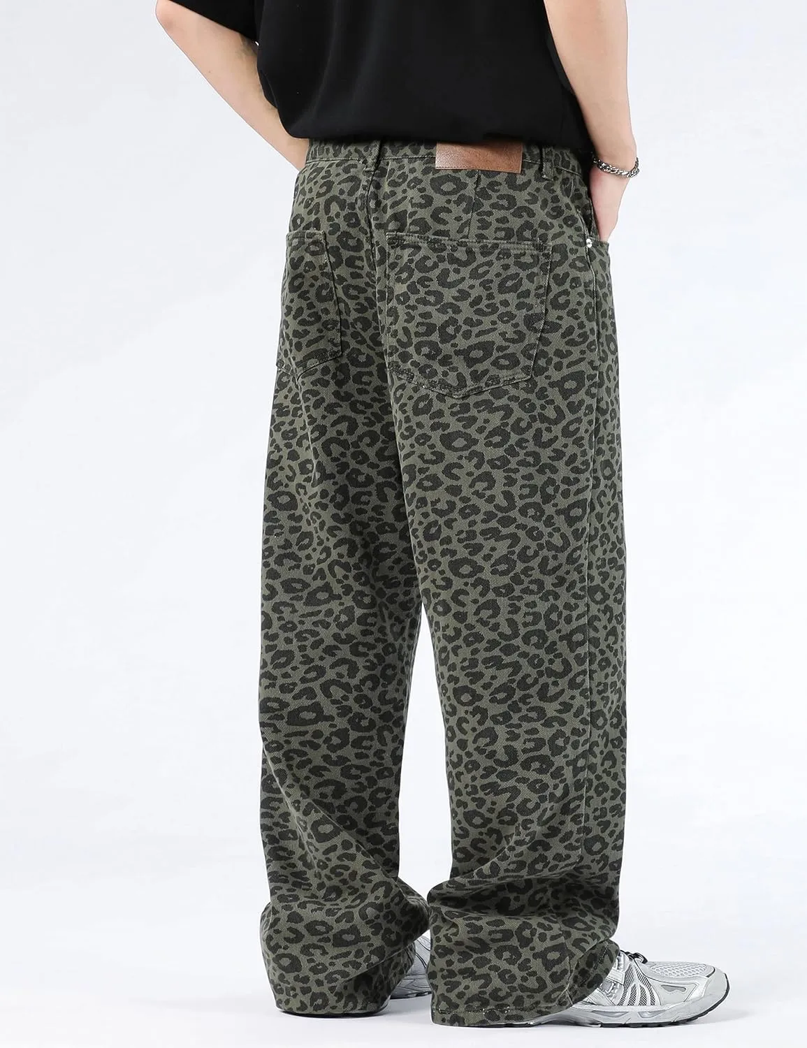 FantasyGears Mens Y2k Leopard Print Jeans Baggy Leopard Jeans Vintage Demin Pants Wide Leg Streetwear Jeans