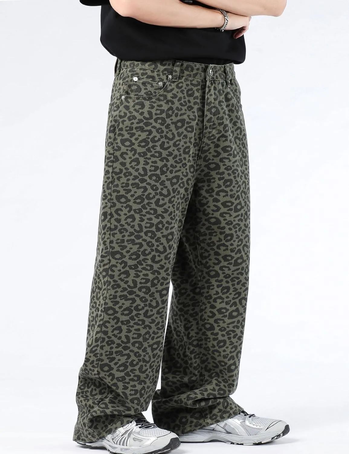 FantasyGears Mens Y2k Leopard Print Jeans Baggy Leopard Jeans Vintage Demin Pants Wide Leg Streetwear Jeans