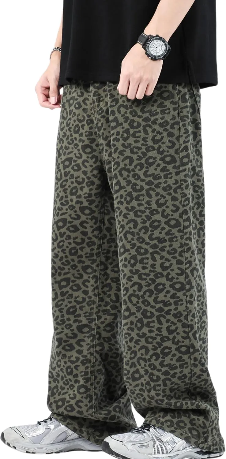 FantasyGears Mens Y2k Leopard Print Jeans Baggy Leopard Jeans Vintage Demin Pants Wide Leg Streetwear Jeans