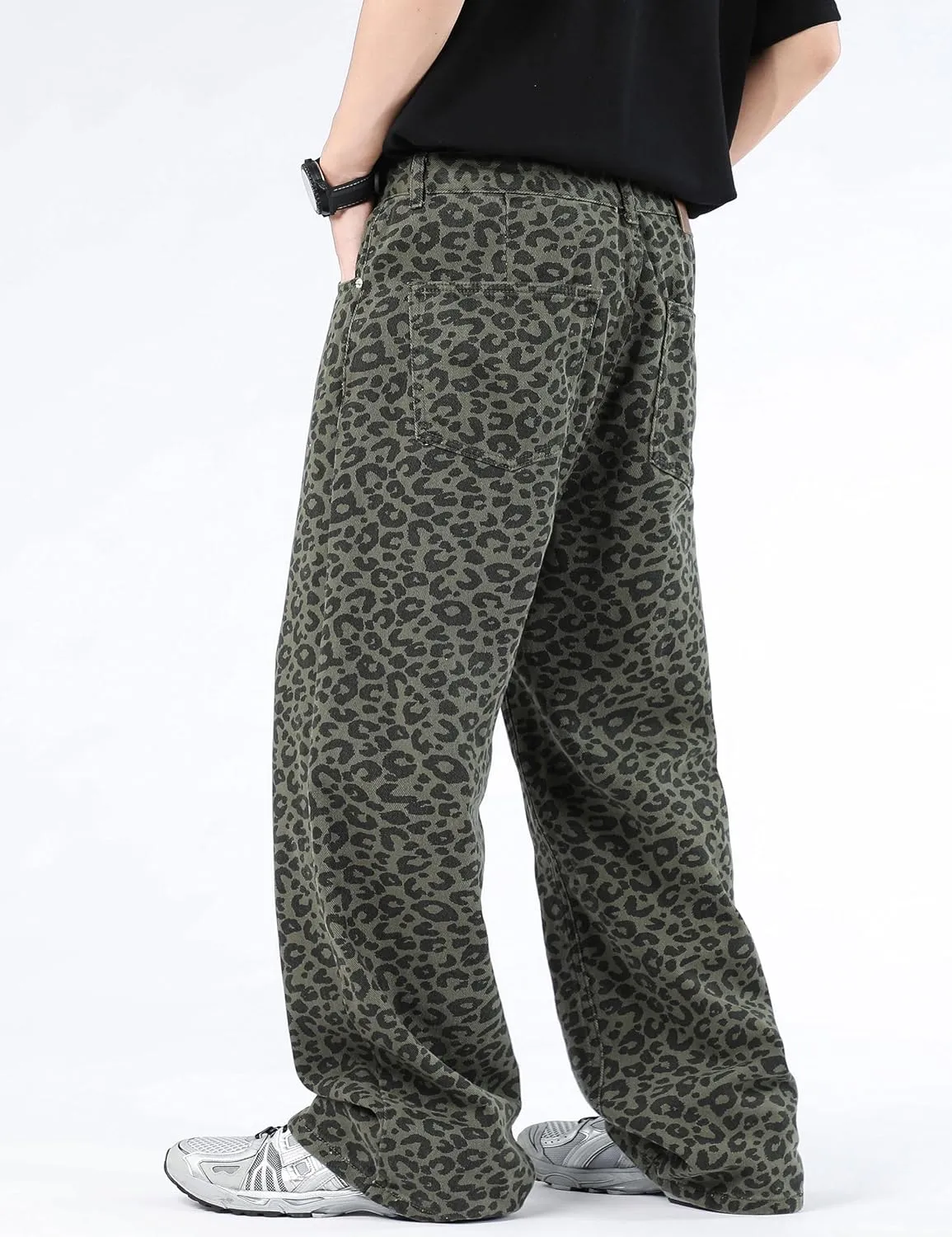 FantasyGears Mens Y2k Leopard Print Jeans Baggy Leopard Jeans Vintage Demin Pants Wide Leg Streetwear Jeans