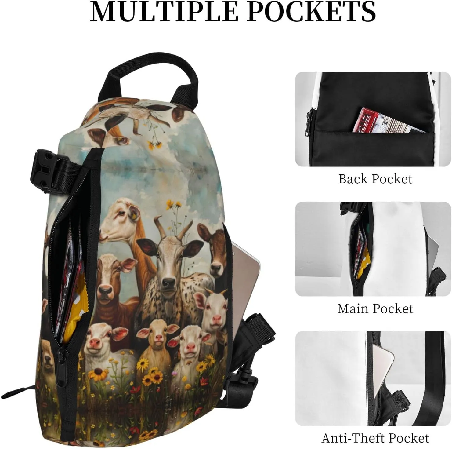 Farm Animal Print Crossbody Backpack Casual Sling Bag Travel Lightweight, Adjustable Cross Bag