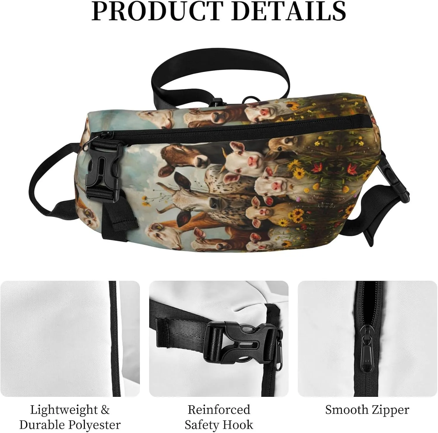 Farm Animal Print Crossbody Backpack Casual Sling Bag Travel Lightweight, Adjustable Cross Bag