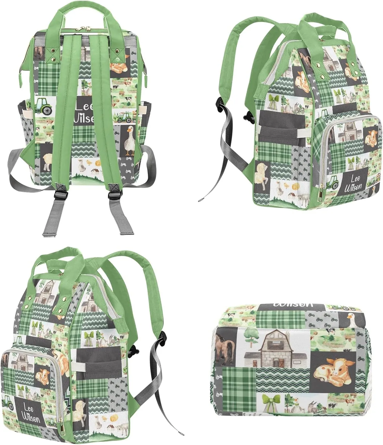 Farm Village Animals Patchwork Personalized Name Diaper Bag Backpack,Custom Travel DayPack for Nappy Mommy Bag Gift