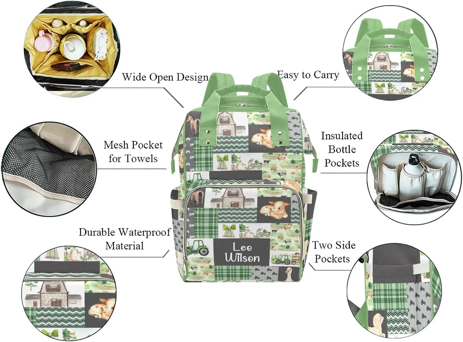 Farm Village Animals Patchwork Personalized Name Diaper Bag Backpack,Custom Travel DayPack for Nappy Mommy Bag Gift