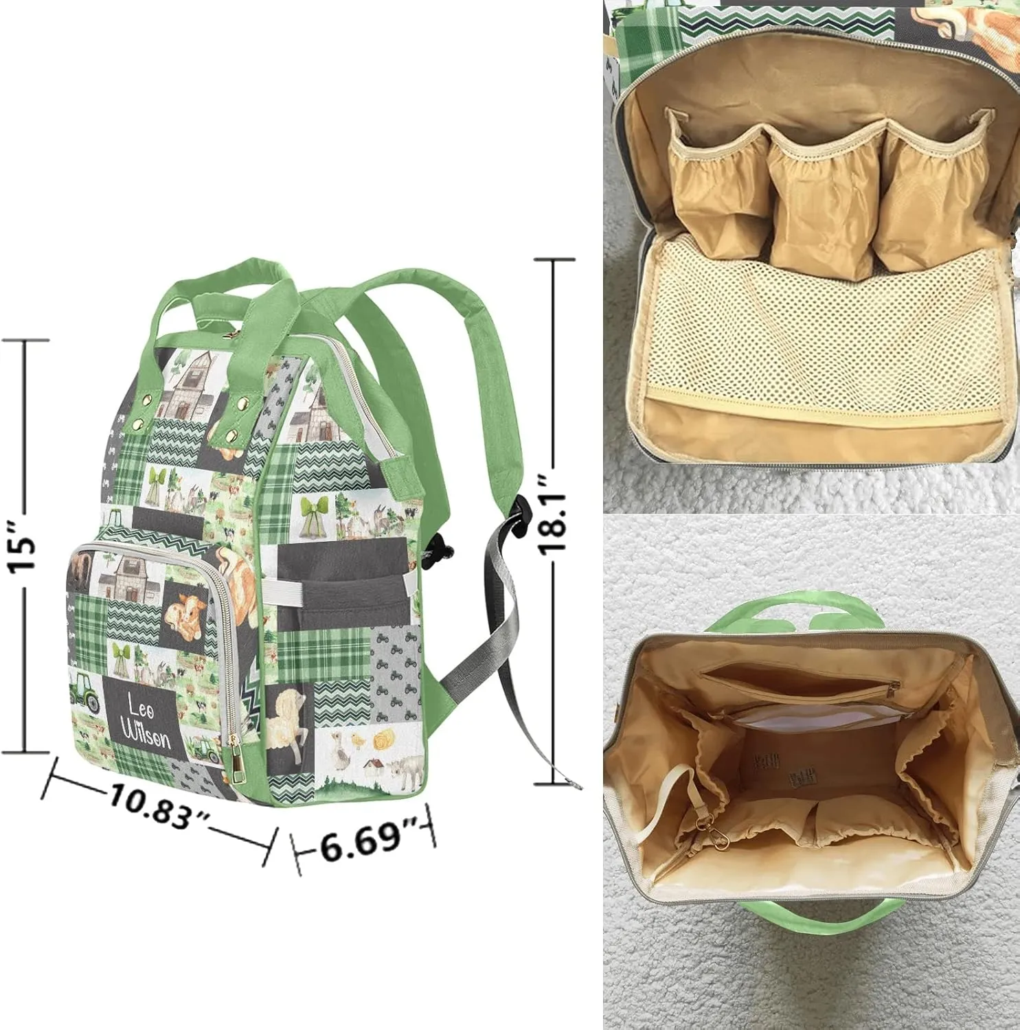 Farm Village Animals Patchwork Personalized Name Diaper Bag Backpack,Custom Travel DayPack for Nappy Mommy Bag Gift