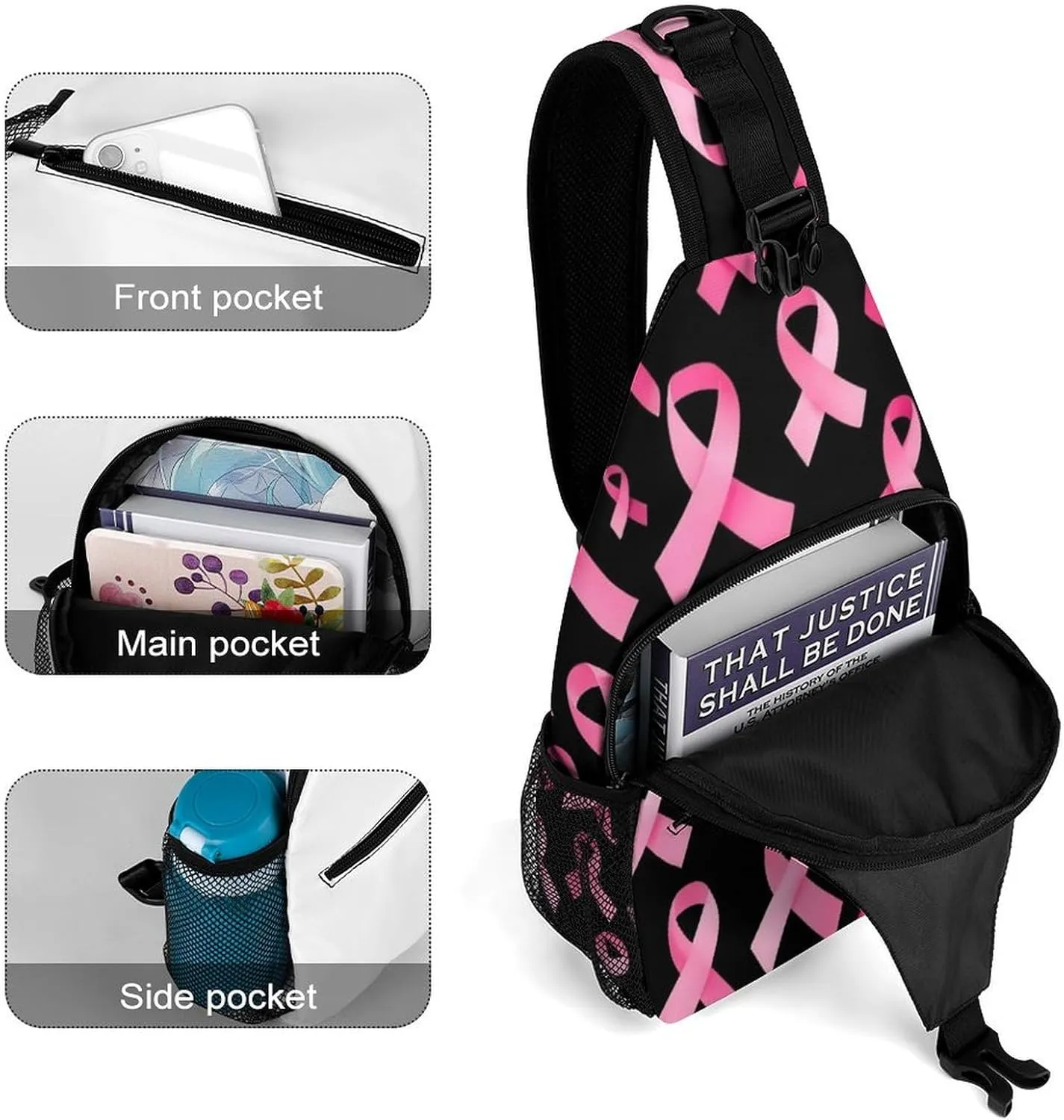 Fashion Sling Shoulder Backpack, Bag, Breast Cancer Awareness Ribbons Pink Chest Sling Shoulder Backpacks Bags, Gym Bags Sack Daypack Outdoor Backpack for Men Women
