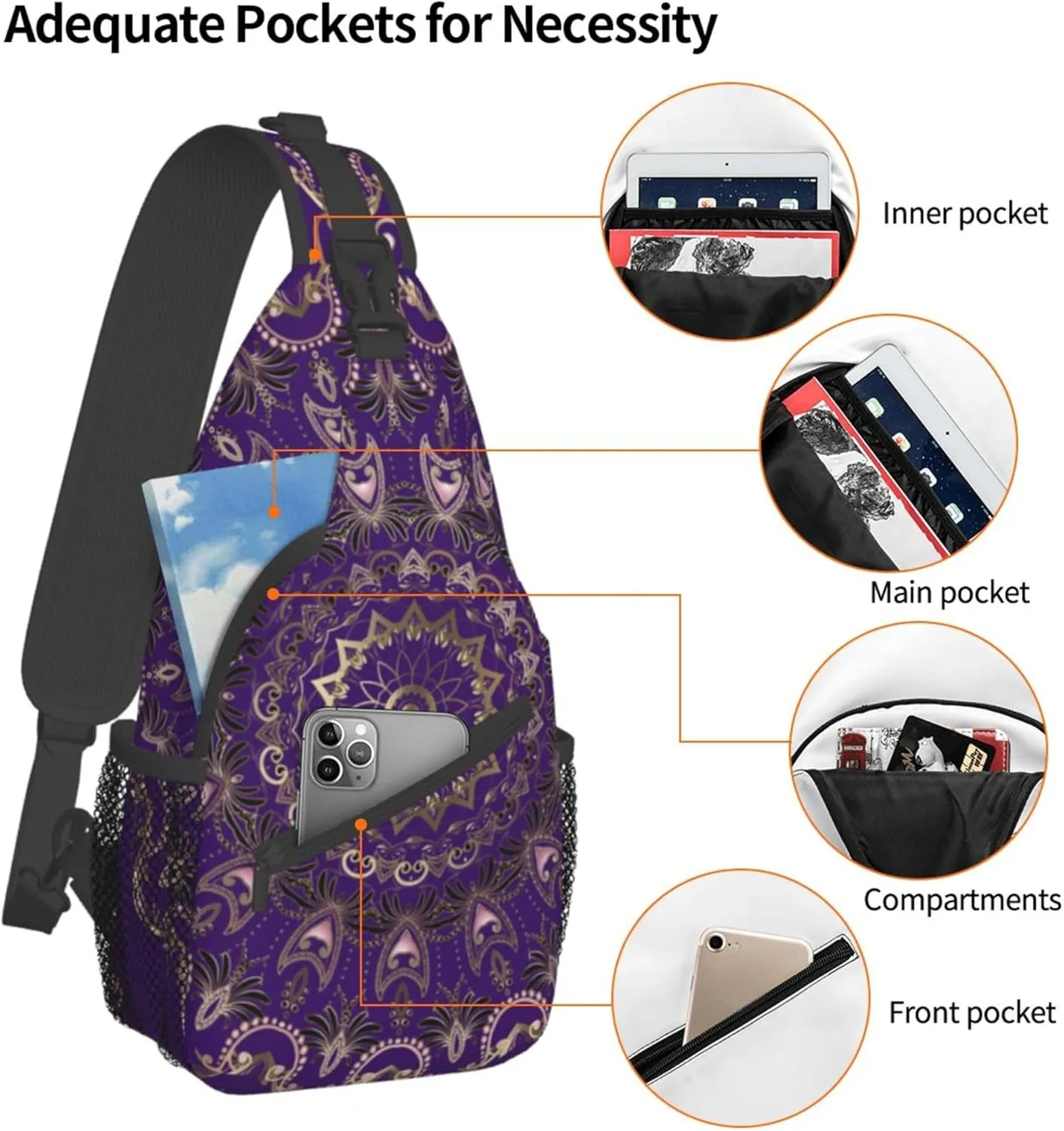 Fashion Sling Shoulder Backpack, Bag, Purple Paisley Mandala Chest Sling Shoulder Backpacks Bags, Tool Backpack, Gym Bags Sack Daypack Outdoor Backpack for Men Women