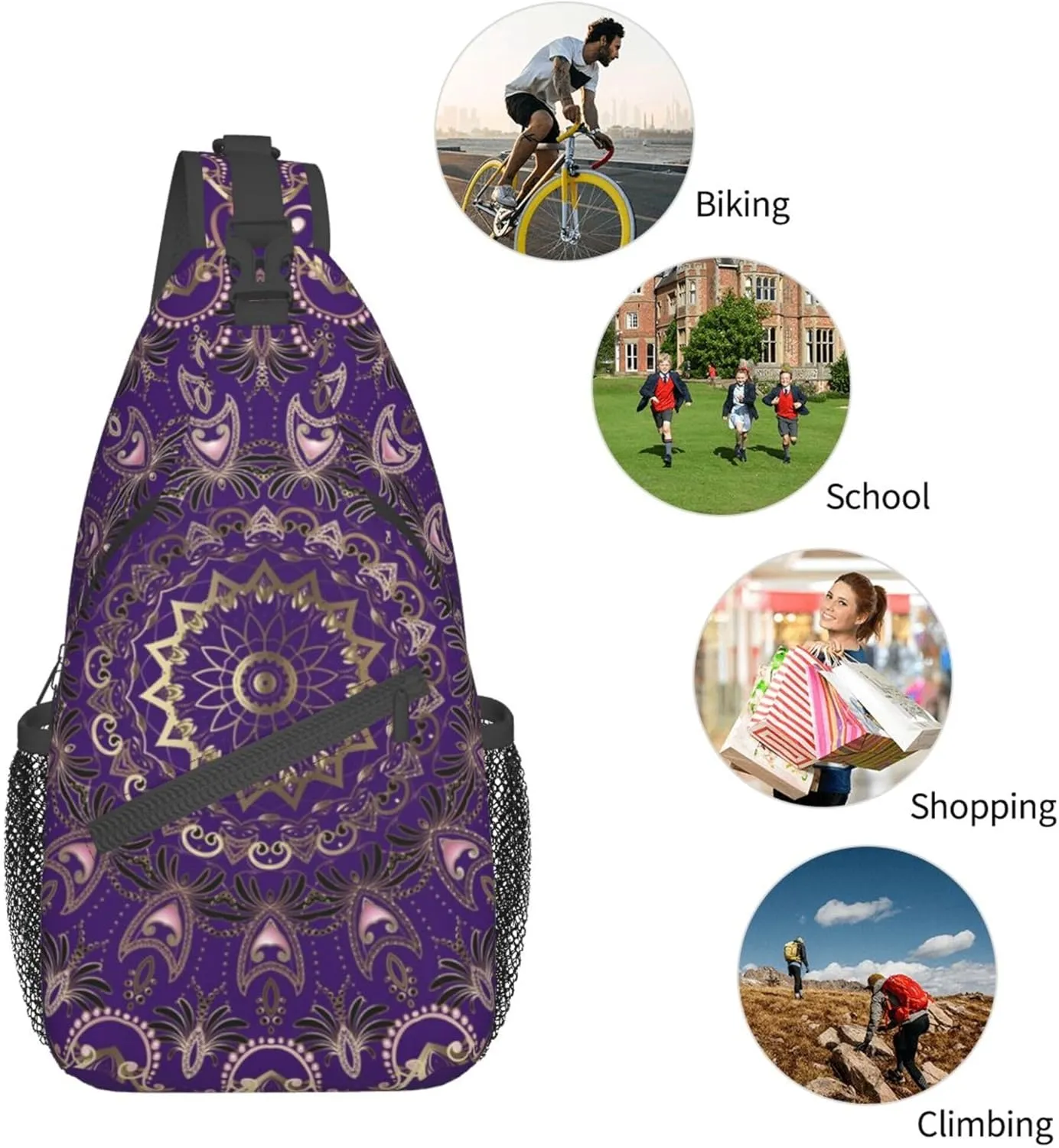 Fashion Sling Shoulder Backpack, Bag, Purple Paisley Mandala Chest Sling Shoulder Backpacks Bags, Tool Backpack, Gym Bags Sack Daypack Outdoor Backpack for Men Women