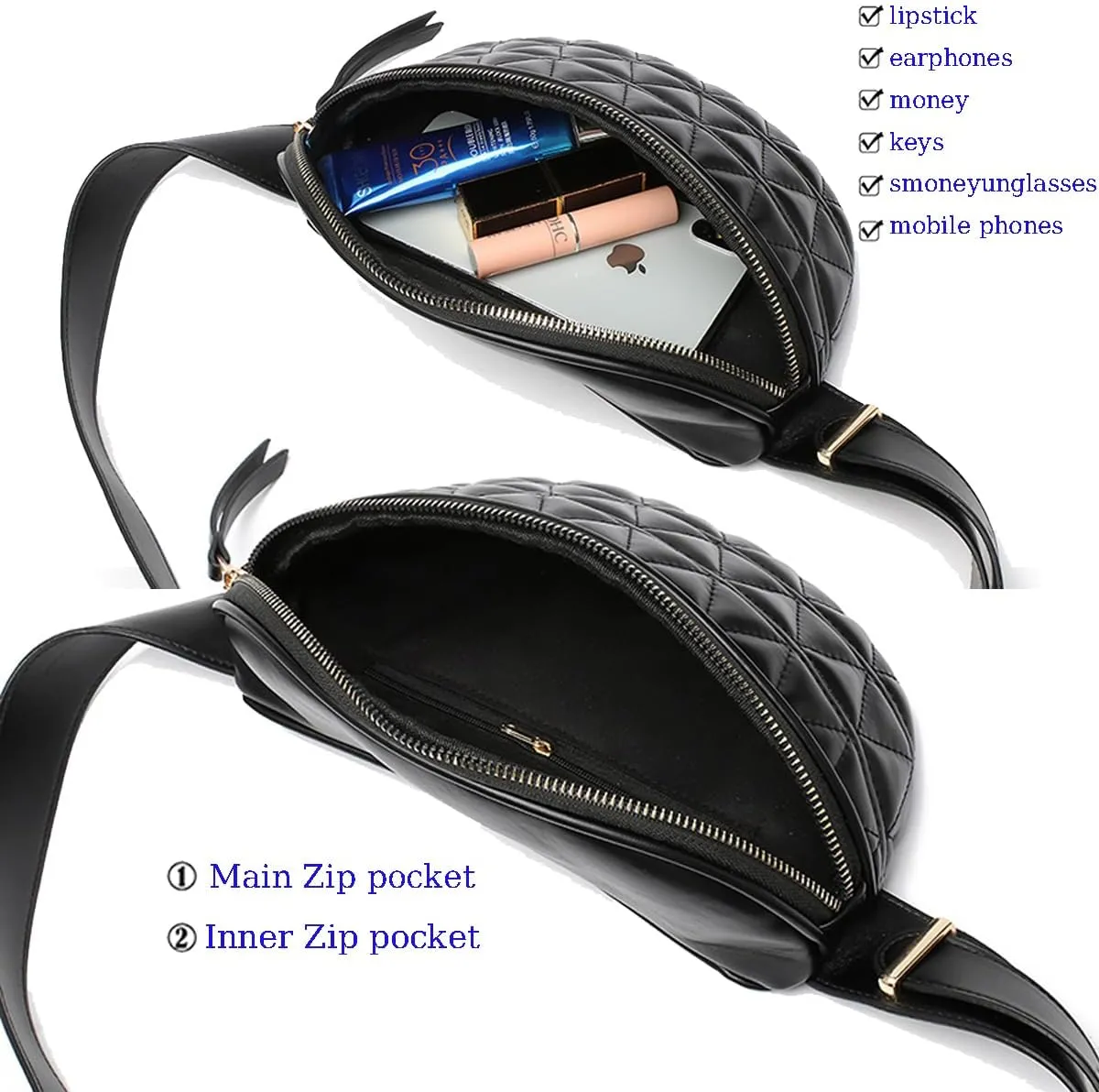 Fashion Waist Packs for Women Fanny Packs Quilted Belt Bag Festival Bum Bags Crossbody Waist Purse for Sports Workout Traveling Running Casual (Black Waist Bag)