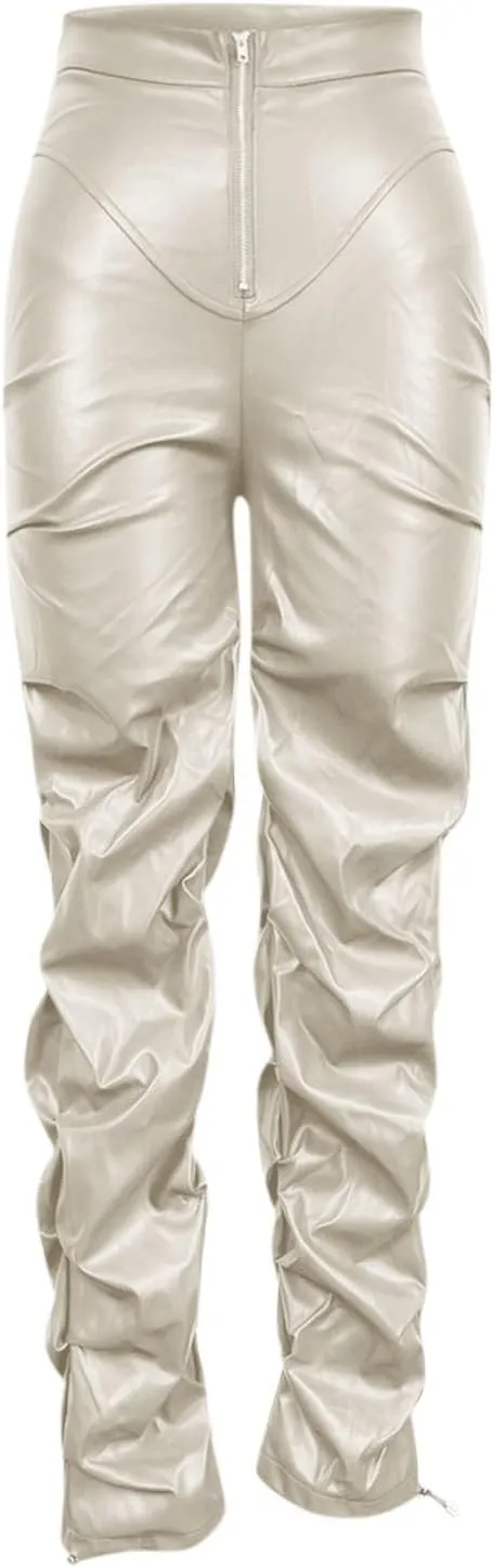 Faux Leather Flare Leg Pants Trousers High Waisted Ruched Zipper Leather Trousers PU Leather Stacked Skinny Pants