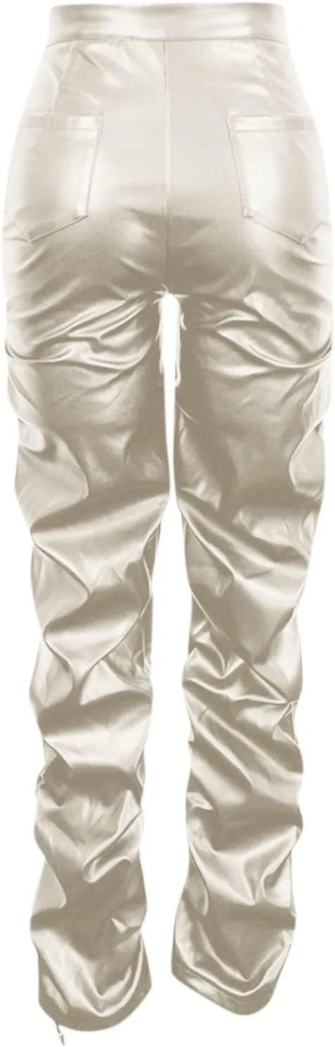 Faux Leather Flare Leg Pants Trousers High Waisted Ruched Zipper Leather Trousers PU Leather Stacked Skinny Pants