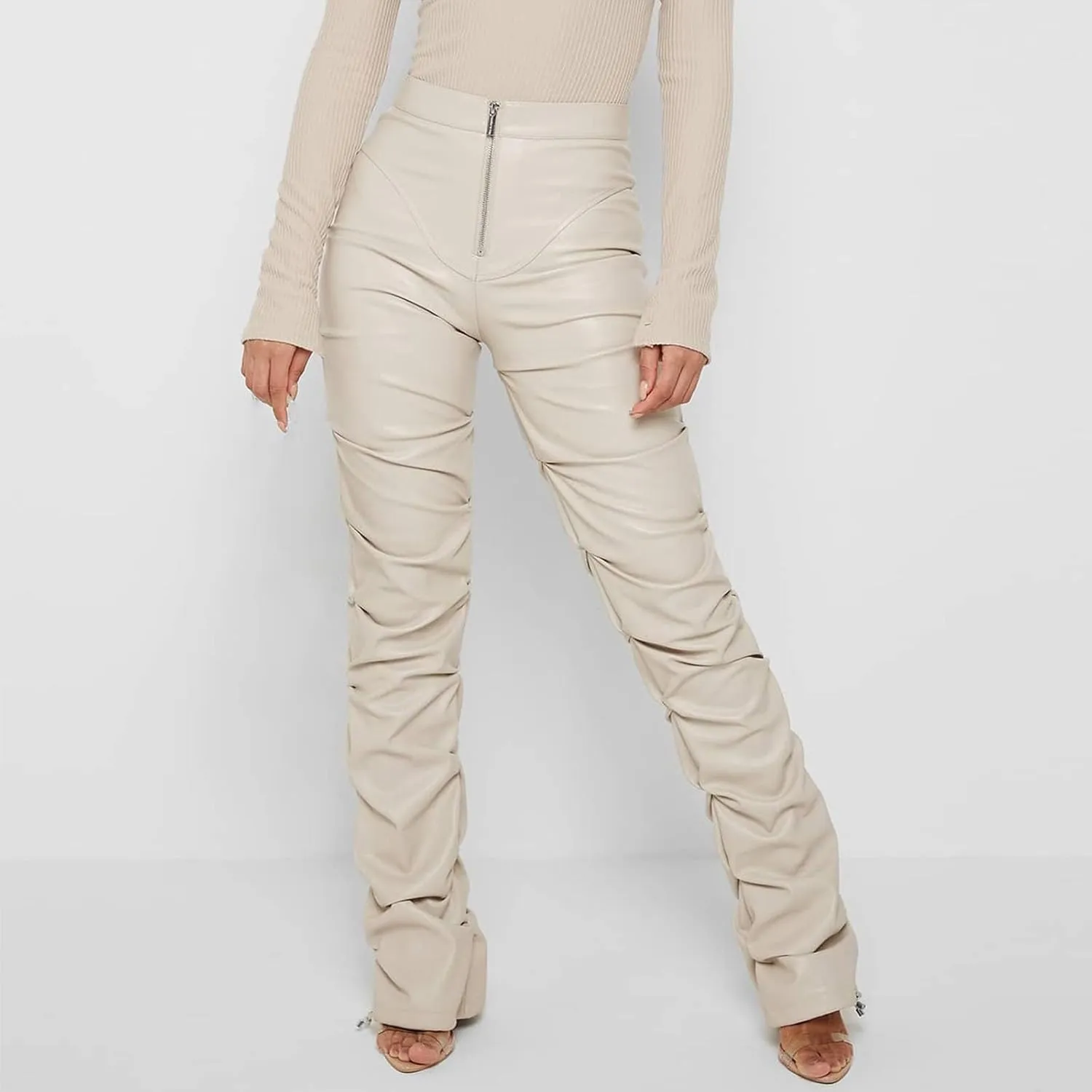 Faux Leather Flare Leg Pants Trousers High Waisted Ruched Zipper Leather Trousers PU Leather Stacked Skinny Pants