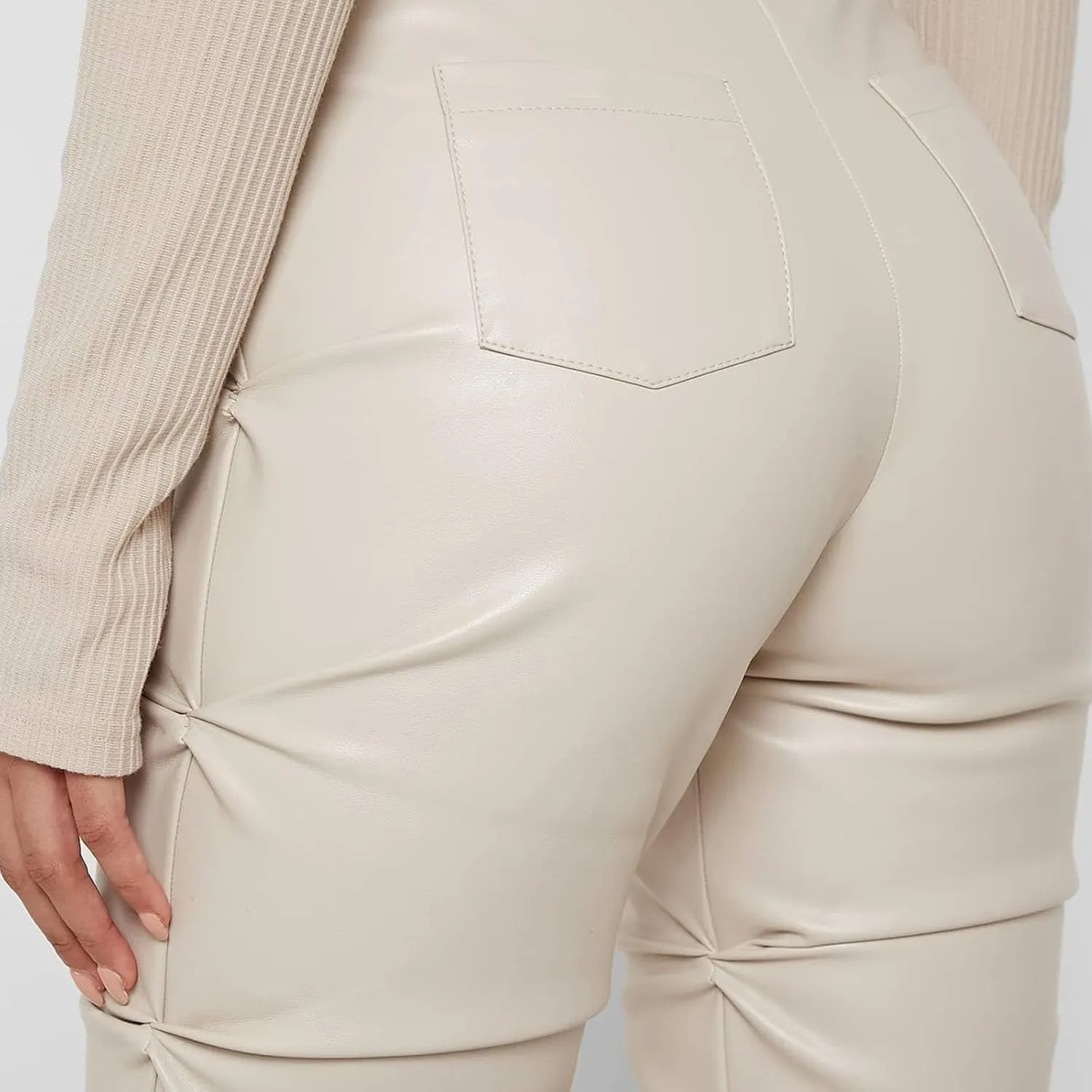 Faux Leather Flare Leg Pants Trousers High Waisted Ruched Zipper Leather Trousers PU Leather Stacked Skinny Pants