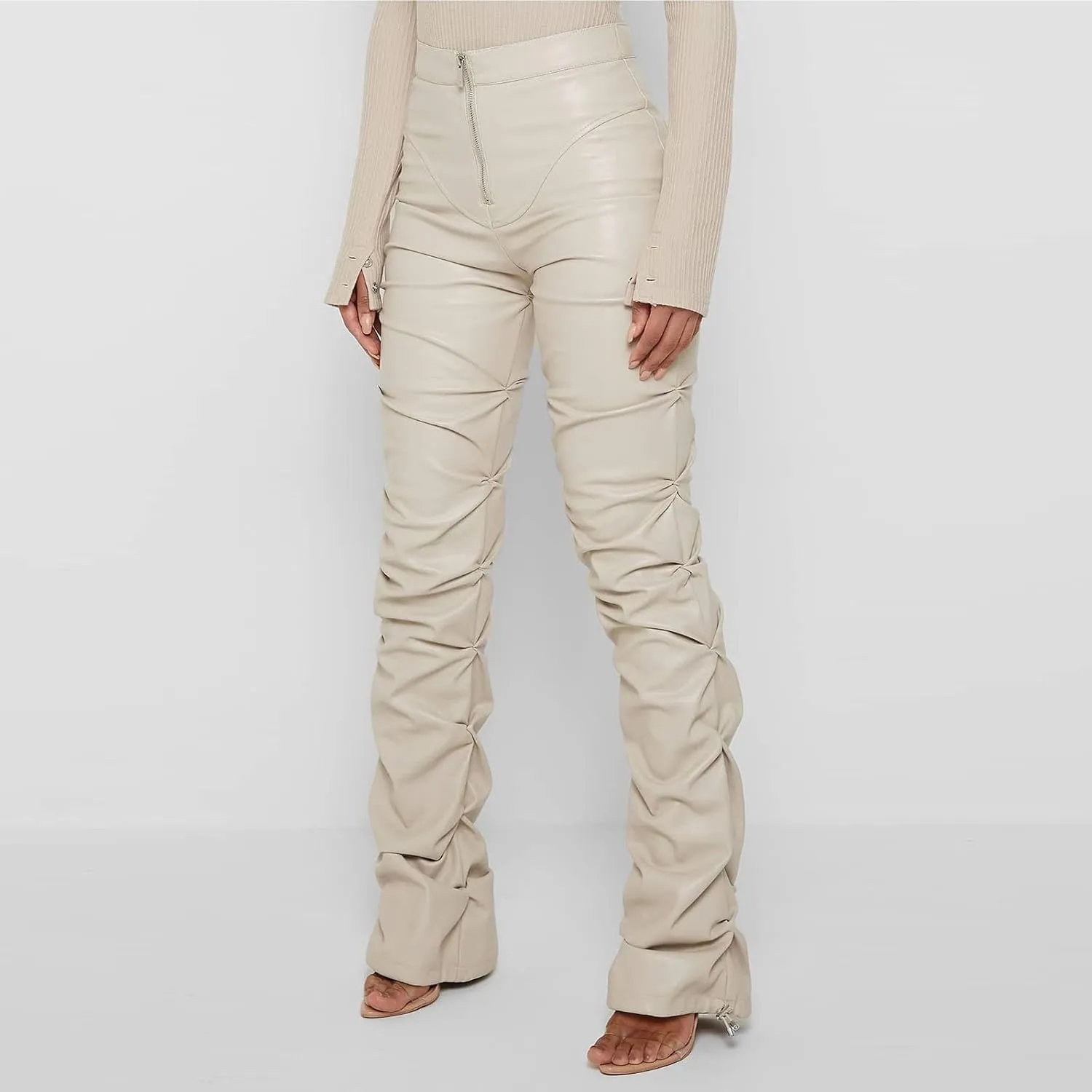 Faux Leather Flare Leg Pants Trousers High Waisted Ruched Zipper Leather Trousers PU Leather Stacked Skinny Pants