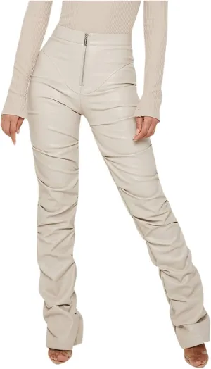 Faux Leather Flare Leg Pants Trousers High Waisted Ruched Zipper Leather Trousers PU Leather Stacked Skinny Pants