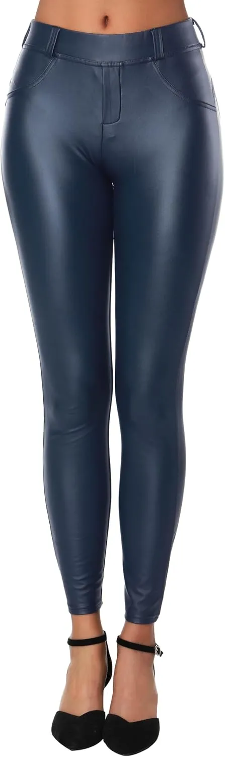 Faux Leather PU Elastic Shaping Hip Push Up Pants Black Thick Sexy Leggings for Women
