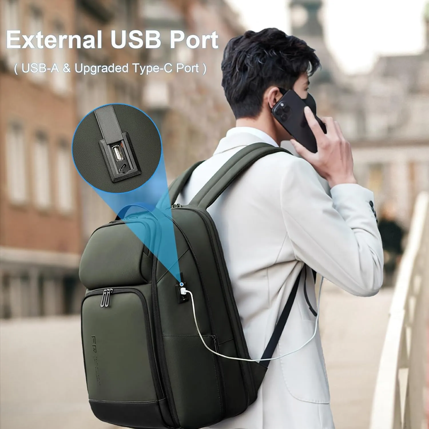 FENRUIEN 17 Inch Travel Backpack Green, Expandable Water Resistant Computer Backpack with USB Port, Black Laptop Bag for Business/College/Work