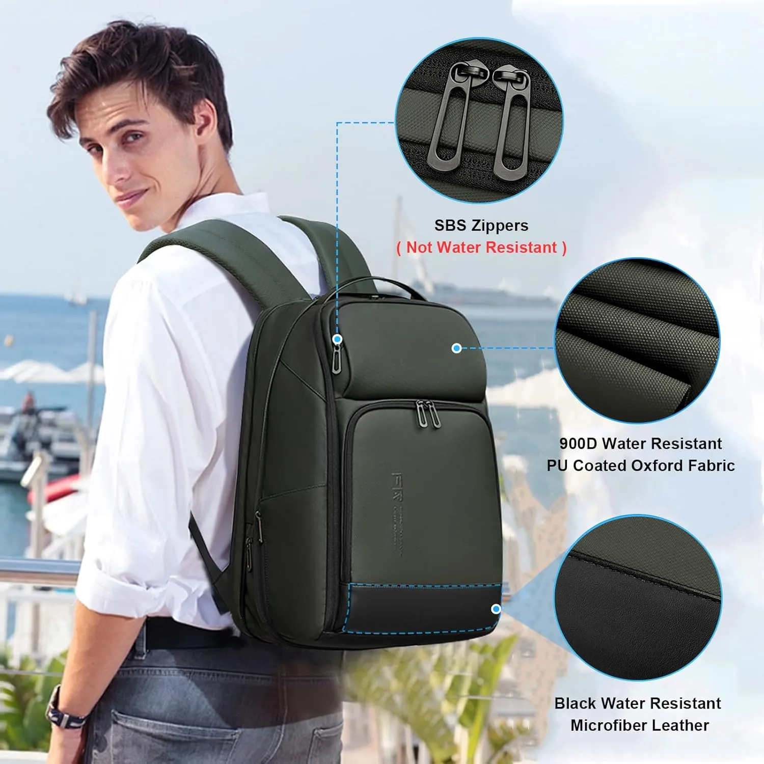 FENRUIEN 17 Inch Travel Backpack Green, Expandable Water Resistant Computer Backpack with USB Port, Black Laptop Bag for Business/College/Work