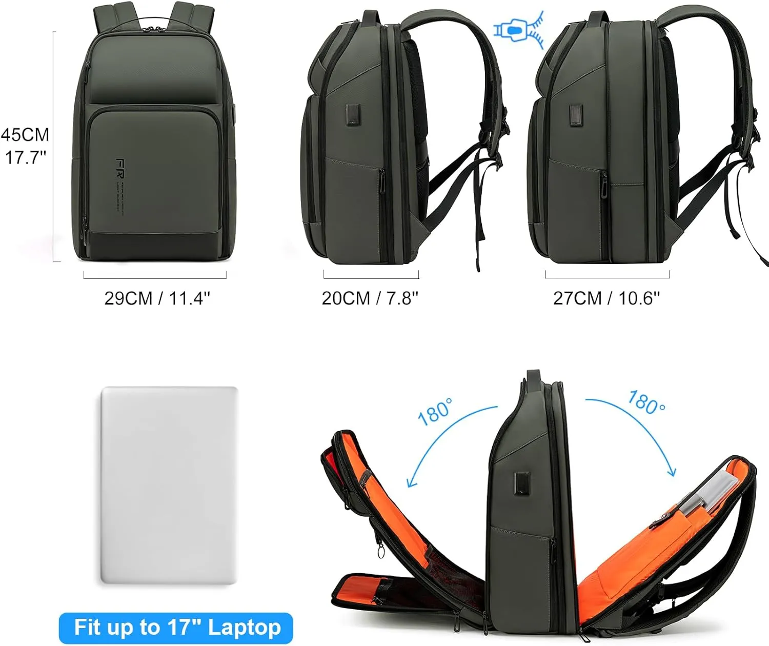 FENRUIEN 17 Inch Travel Backpack Green, Expandable Water Resistant Computer Backpack with USB Port, Black Laptop Bag for Business/College/Work