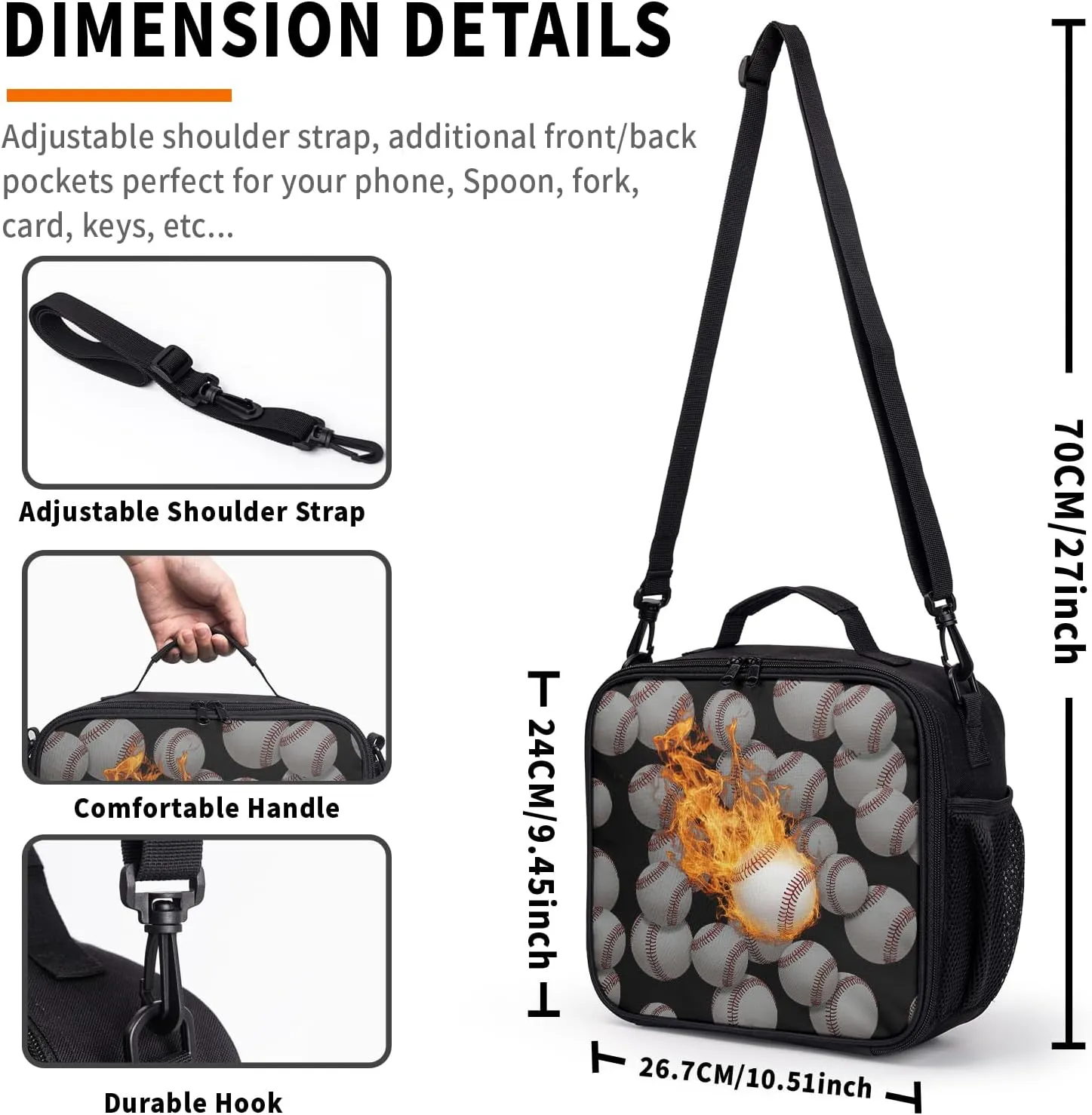 Fire Baseball Sport Pattern Lunch Bag Fire Sport Black Lunch Boxes for Women/Man Office Work Travel School Work Picnic Durable Reusable Insulated Large Lunch Tote Bag with Adjustable Shoulder Strap