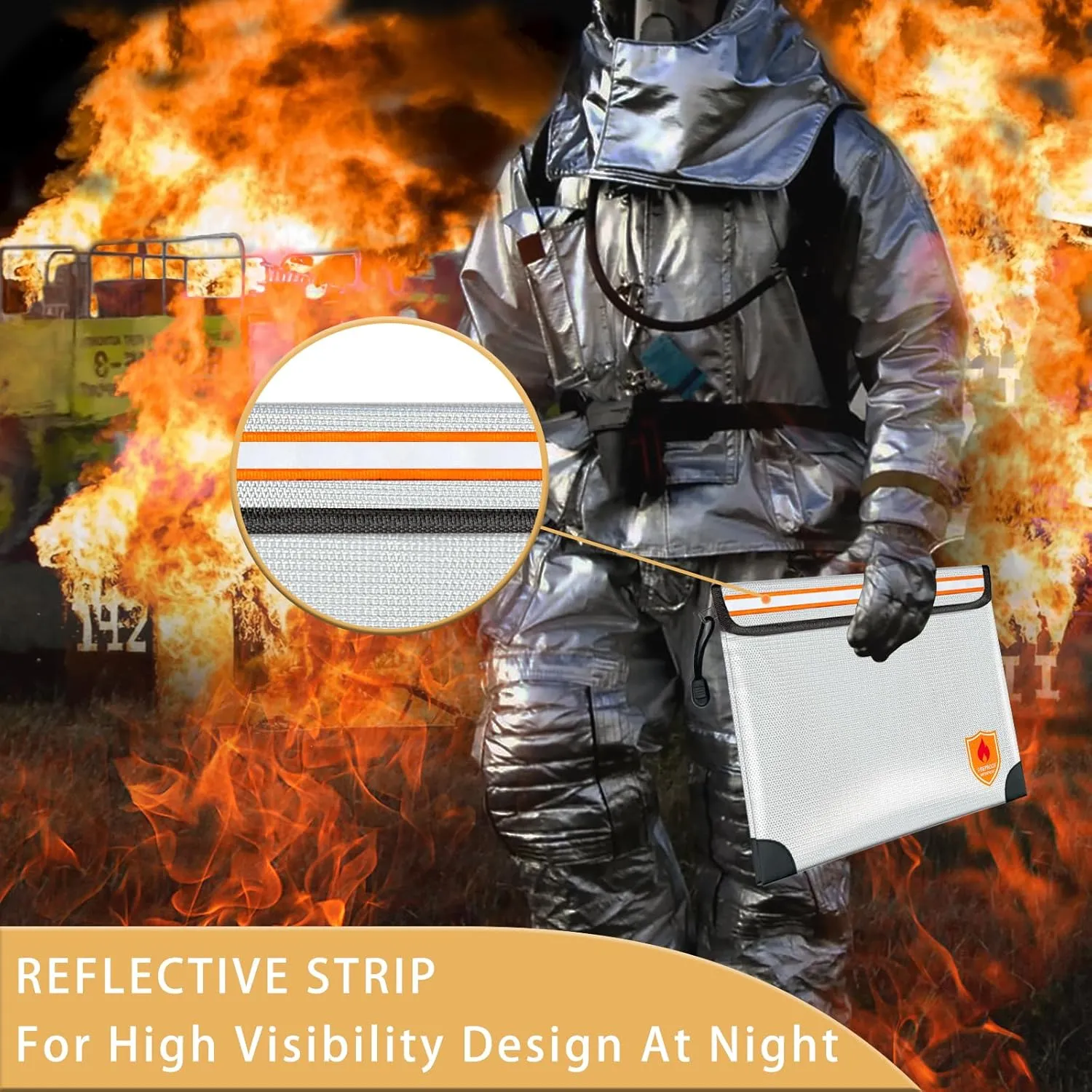 Fireproof Document Bag 2200°F/5200°F, 15×11"with Zipper and Reflective Strip,Heat Insulated Fireproof/Waterproof Bag for Cash, Documents and Valuables, Large Silver-5200°F