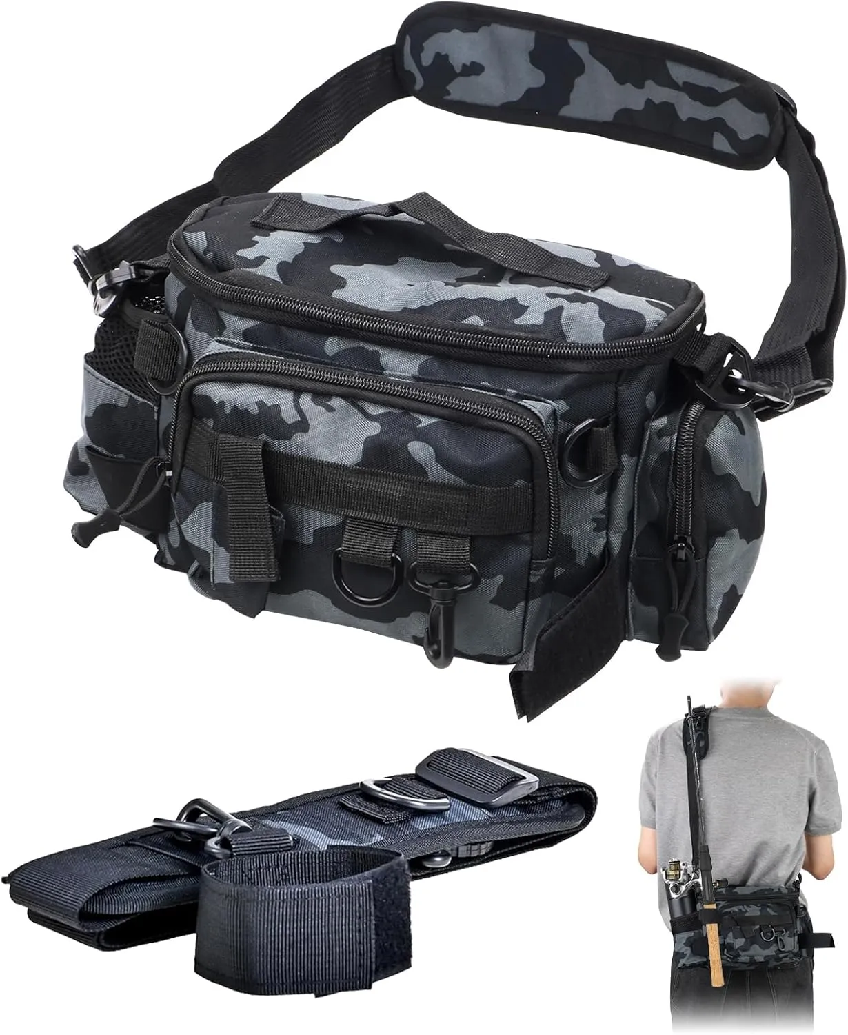 Fishing Waist Bag with Adjustable Belt/Shoulder Strap, Waterproof Tackle Storage Bag, Fishing Fanny Pack for Men, Shoulder Bag, Lures Organizer Pouch, Travel Pack for Running Hiking Outdoor