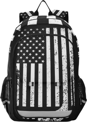 Fisyme White Black American Flag Hockey School Backpack Laptop Backpack Bags Bookbag Travel Casual Computer Notebooks Daypack