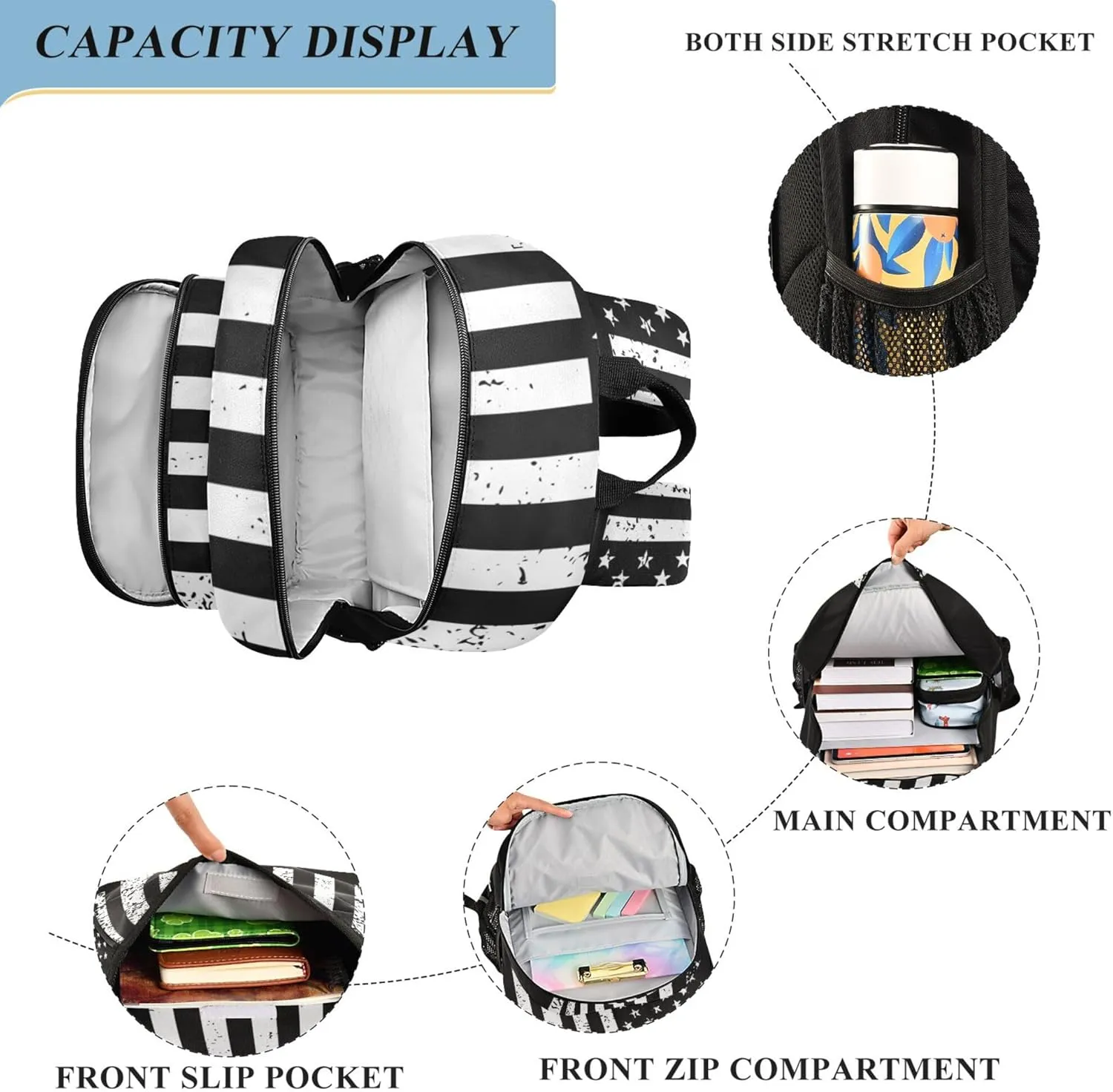 Fisyme White Black American Flag Hockey School Backpack Laptop Backpack Bags Bookbag Travel Casual Computer Notebooks Daypack