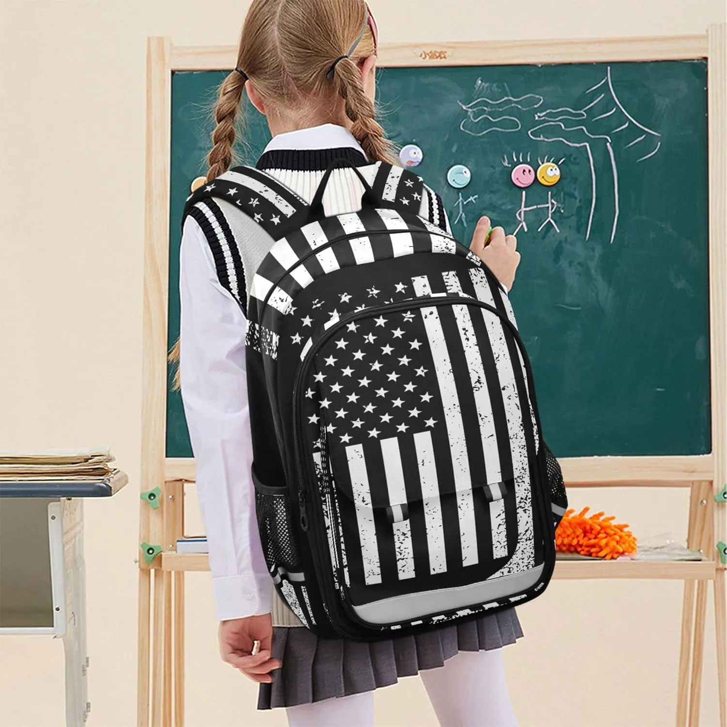 Fisyme White Black American Flag Hockey School Backpack Laptop Backpack Bags Bookbag Travel Casual Computer Notebooks Daypack