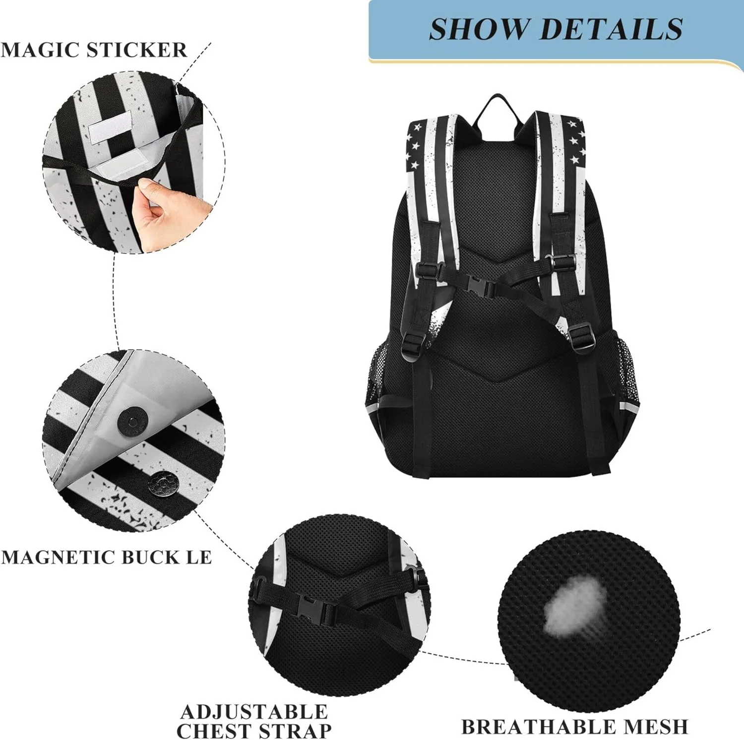 Fisyme White Black American Flag Hockey School Backpack Laptop Backpack Bags Bookbag Travel Casual Computer Notebooks Daypack